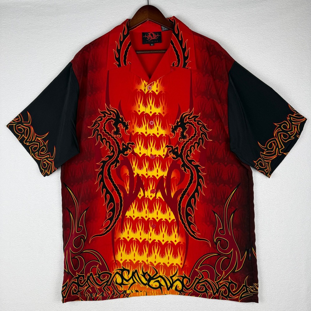 Y2K D Clothing Chinese Dragon Flame Shirt Mens XL Red Black Short Sleeve